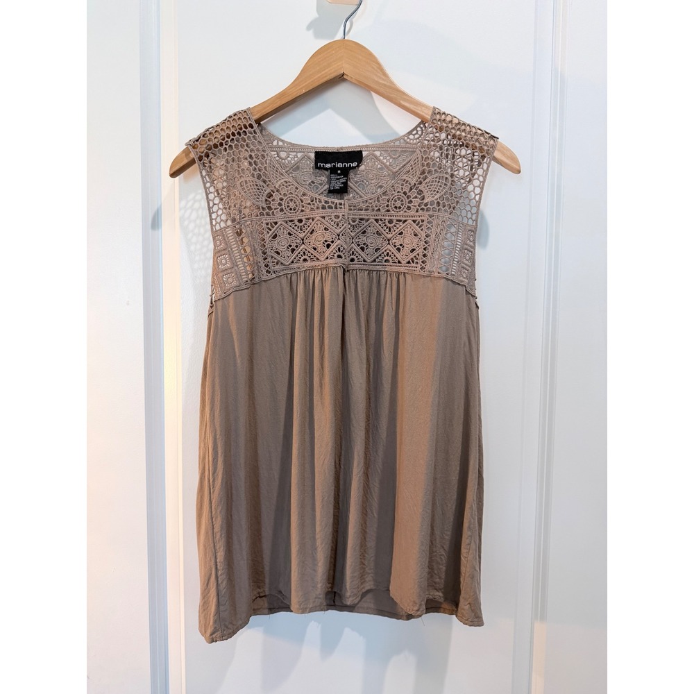 Marianne Womens Crochet Lace Yoke Sleeveless Top Taupe Brown Boho Rayon Medium